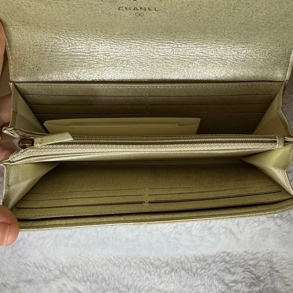 Chanel Gold Metallic Snap Flap Wallet with Auth Sticker